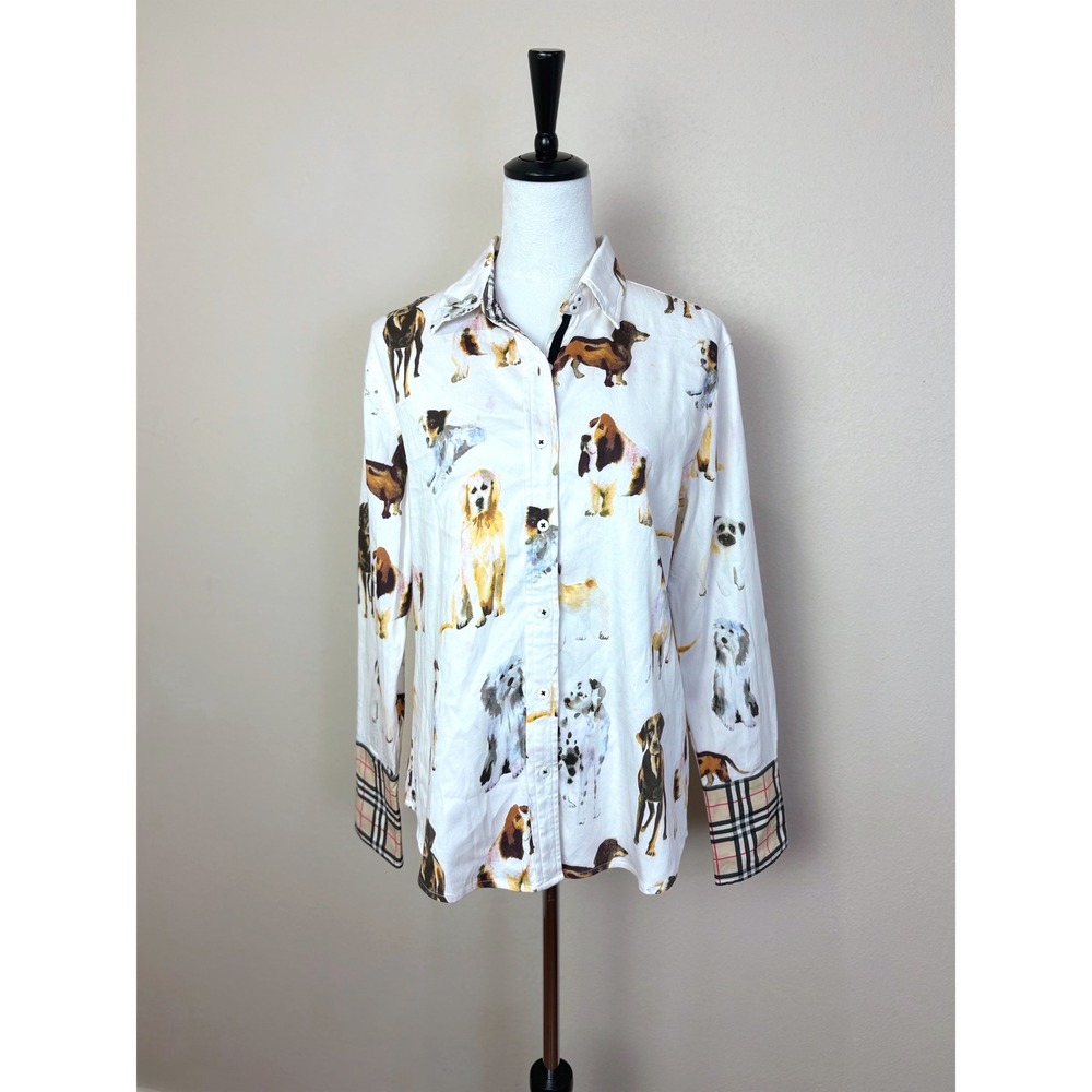 Dizzie Lizzie Dog Print & Plaid Button Up Shirt Size Medium Preppy Quirky Cotton